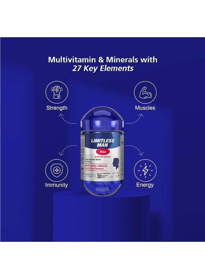 ليمتليس مان ماكس، مكمل غذائي متعدد الفيتامينات للرجال، يحتوي على 27 نوعًا من الفيتامينات والمعادن الأساسية، مع الحديد وفيتامين د ومجموعة فيتامينات ب المركبة، لدعم الطاقة والمناعة يوميًا، 30 قرصًا - Image 5